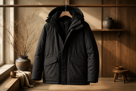 Premium winter jacket displayed in a warm upscale studio