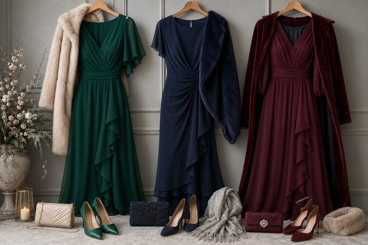 Winter wedding guest dresses with seasonal accessories