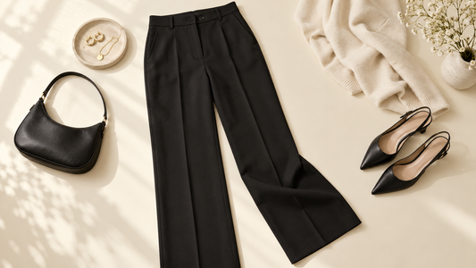 Women's black pants arranged with neutral accessories in a bright studio