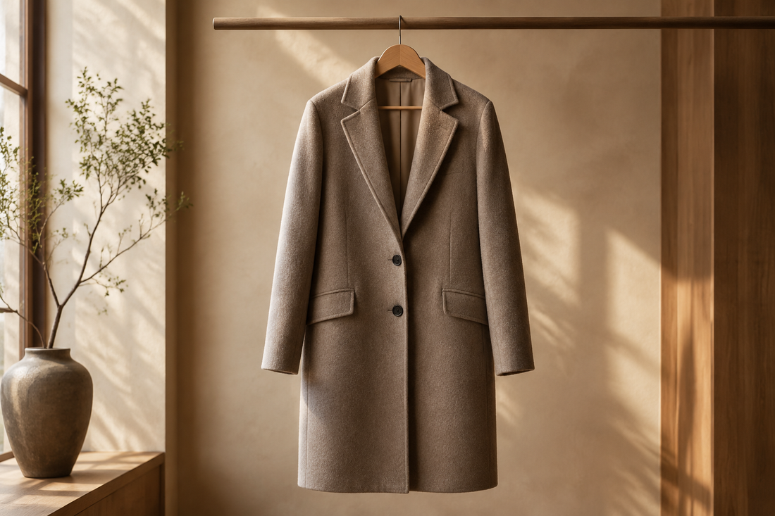 Premium wool coat displayed in a warm refined studio