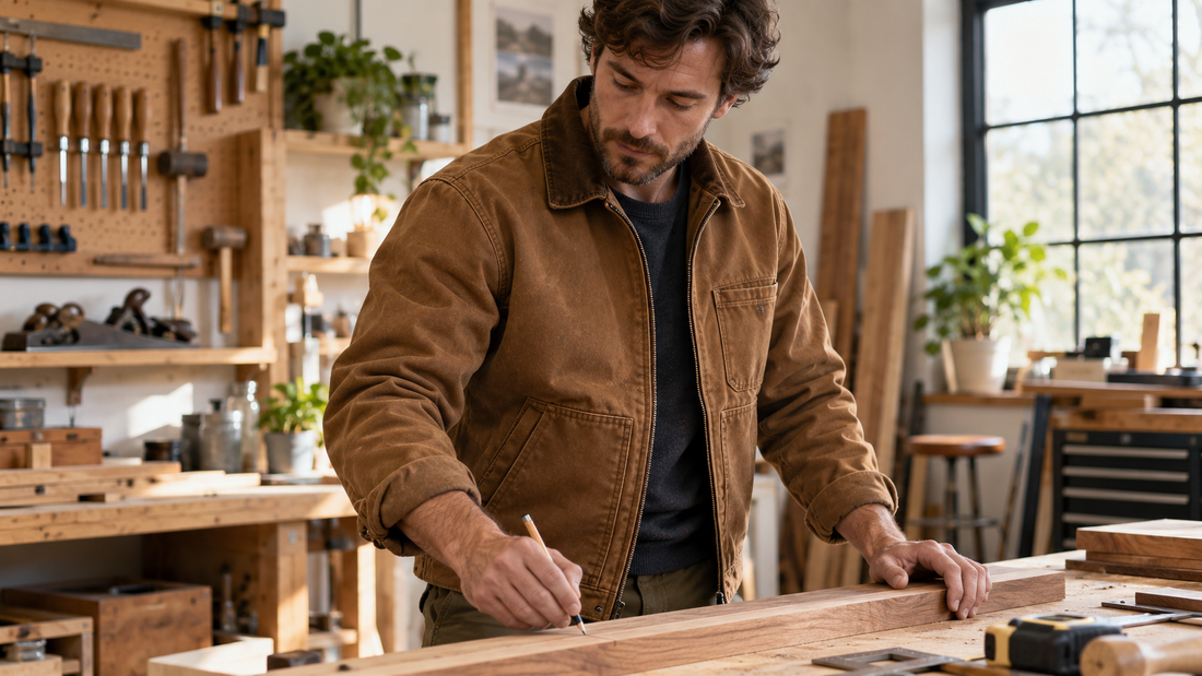 Adult worker wearing a durable brown canvas work jacket in a bright workshop