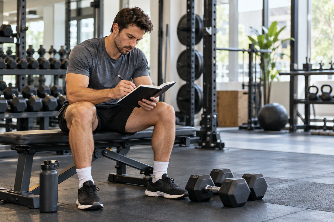 Adult athlete reviewing a structured workout program beside dumbbells in a gym