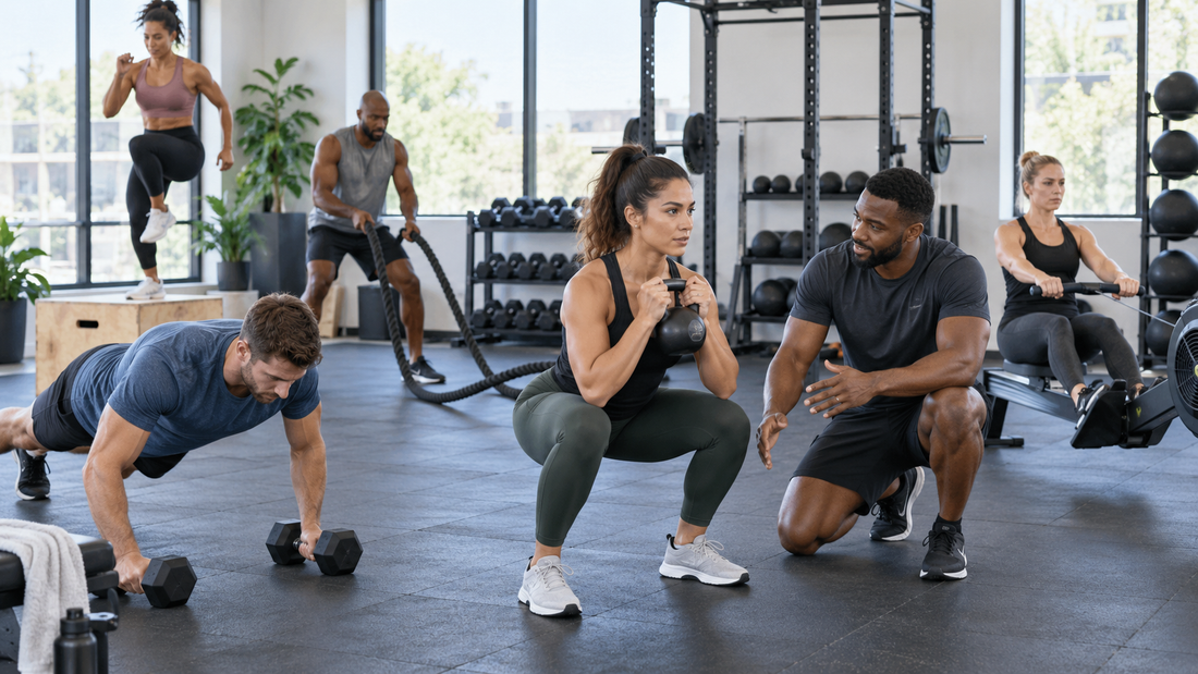 Adults completing a supervised full-body strength and cardio workout in a bright gym