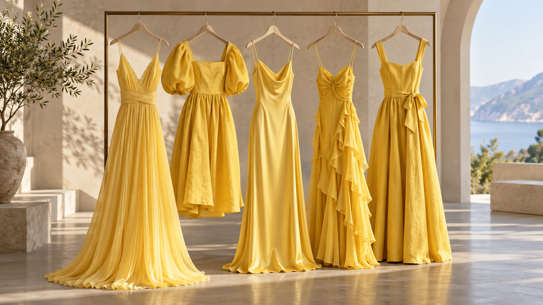 Collection of yellow dresses displayed in a sunlit studio