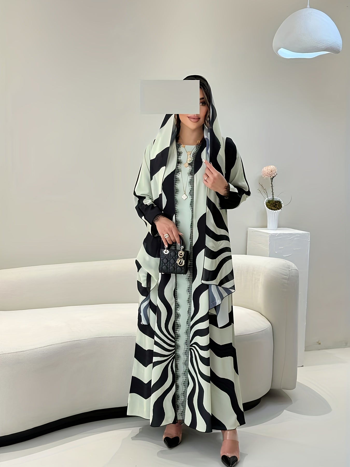طقم مكون من قطعتين: وشاح رأس أنيق مسلم شرق أوسطي + رداء مفتوح الأمام بتطريز دانتيل مطبوع