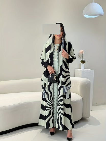 طقم مكون من قطعتين: وشاح رأس أنيق مسلم شرق أوسطي + رداء مفتوح الأمام بتطريز دانتيل مطبوع