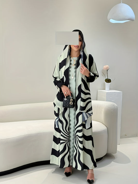 طقم مكون من قطعتين: وشاح رأس أنيق مسلم شرق أوسطي + رداء مفتوح الأمام بتطريز دانتيل مطبوع