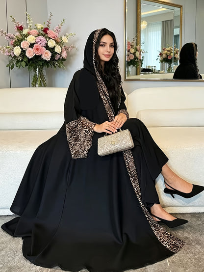 طقم رداء ووشاح رأس من قطعتين: رداء صلاة إسلامي يتميز بتصميم مرقع أنيق بطبعة جلد الفهد مفتوح من الأمام، مع وشاح رأس مطابق بطبعة جلد الفهد. ناعم ومريح؛ تصميم كلاسيكي ومتعدد الاستخدامات، مناسب للجميع