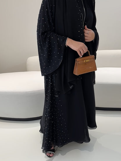 عباية أنيقة دبي تركية بأسلوب الشرق الأوسط، ياقة دائرية، أكمام طويلة، مزينة بالترتر وحجر الراين، قماش غير قابل للتمدد، قابل للغسل اليدوي، فستان رسمي مسلم تقليدي لفصول الربيع والصيف والخريف، تصميم عصري، مع وشاح رأس