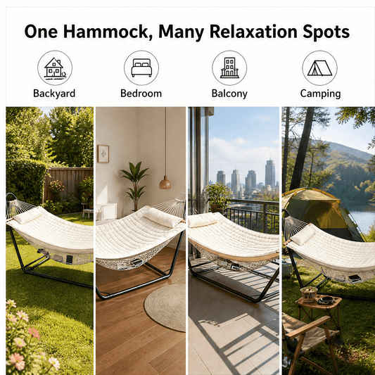 Freestanding cotton hammock on its black steel stand