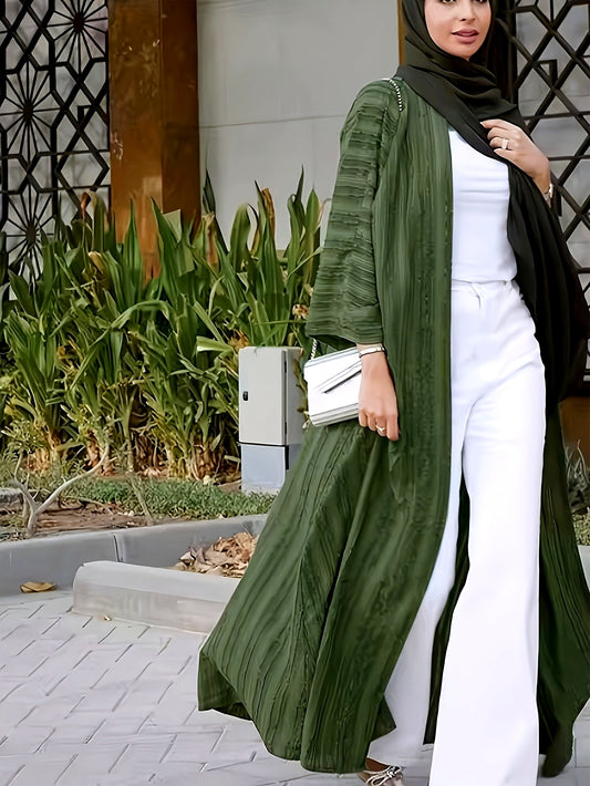 سترة نسائية بلون موحد، مفتوحة من الأمام، أنيقة بأكمام طويلة وتنورة طويلة، ملابس نسائية