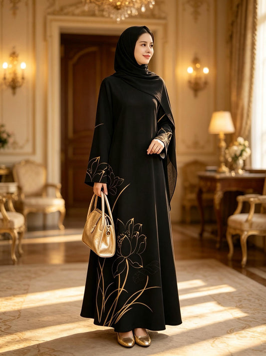 رداء جديد صيفي مريح وجيد التهوية للنساء المسلمات، ملابس تقليدية ثقافية شرق أوسطية، تصميم بأكمام طويلة وطبعة نقشة زهور، فستان طويل للتنقل اليومي، قصة عادية، 149786