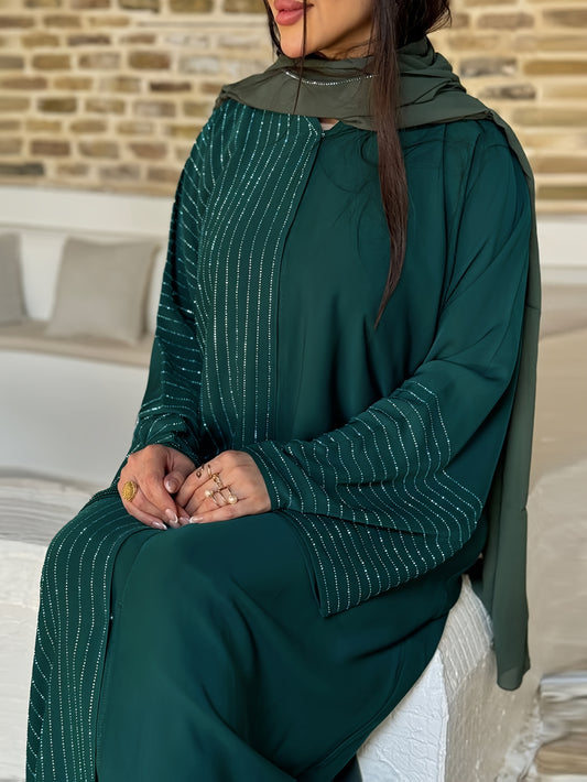 رداء شرقي أنيق واسع للنساء مسلمات بأكمام طويلة وترصيع بالرينستون وأزرار داكنة كارديجان