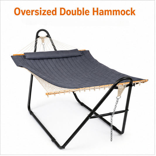 Cotton hammock and stand set shown from the side