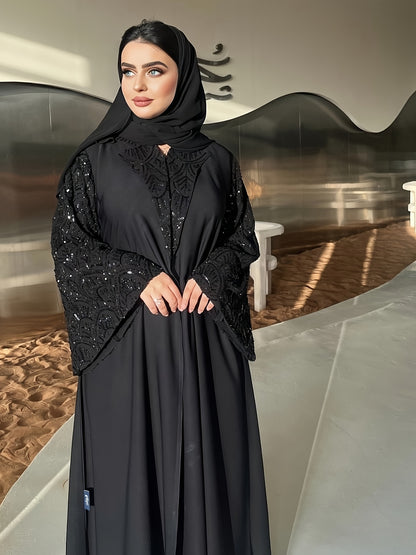 عباية دبي سوداء فاخرة نسائية أنيقة مطرزة بأكمام مفتوحة من الأمام، قفطان إسلامي محترم، روب إسلامي كاجوال