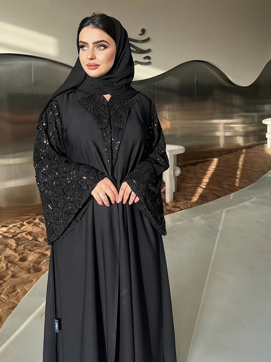 عباية دبي سوداء فاخرة نسائية أنيقة مطرزة بأكمام مفتوحة من الأمام، قفطان إسلامي محترم، روب إسلامي كاجوال