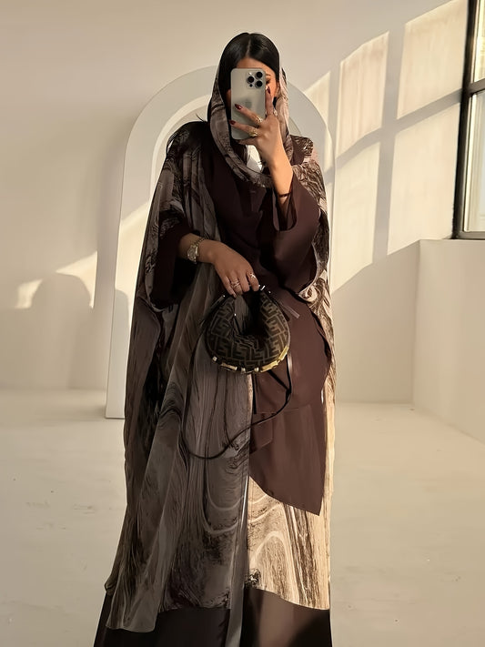 عباية أنيقة بنقشة رخام مع حجاب - فضفاضة، كم طويل، بني، مثالية للربيع/الخريف، ملابس شرق أوسطية تقليدية، ملابس ثقافية | عباية أنيقة | قميص بنقشة رخام