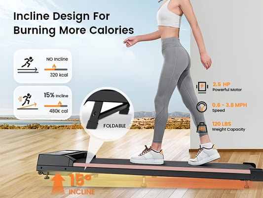 Under-desk walking pad treadmill with LED display, shown from the front
