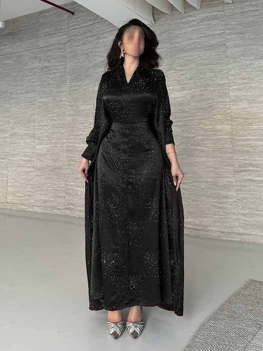 عباية نسائية عربية أنيقة من القماش المرصع بحجر الراين، بلوفر طويل بتصميم محتشم، لون أسود بخصر داخلي مشدود