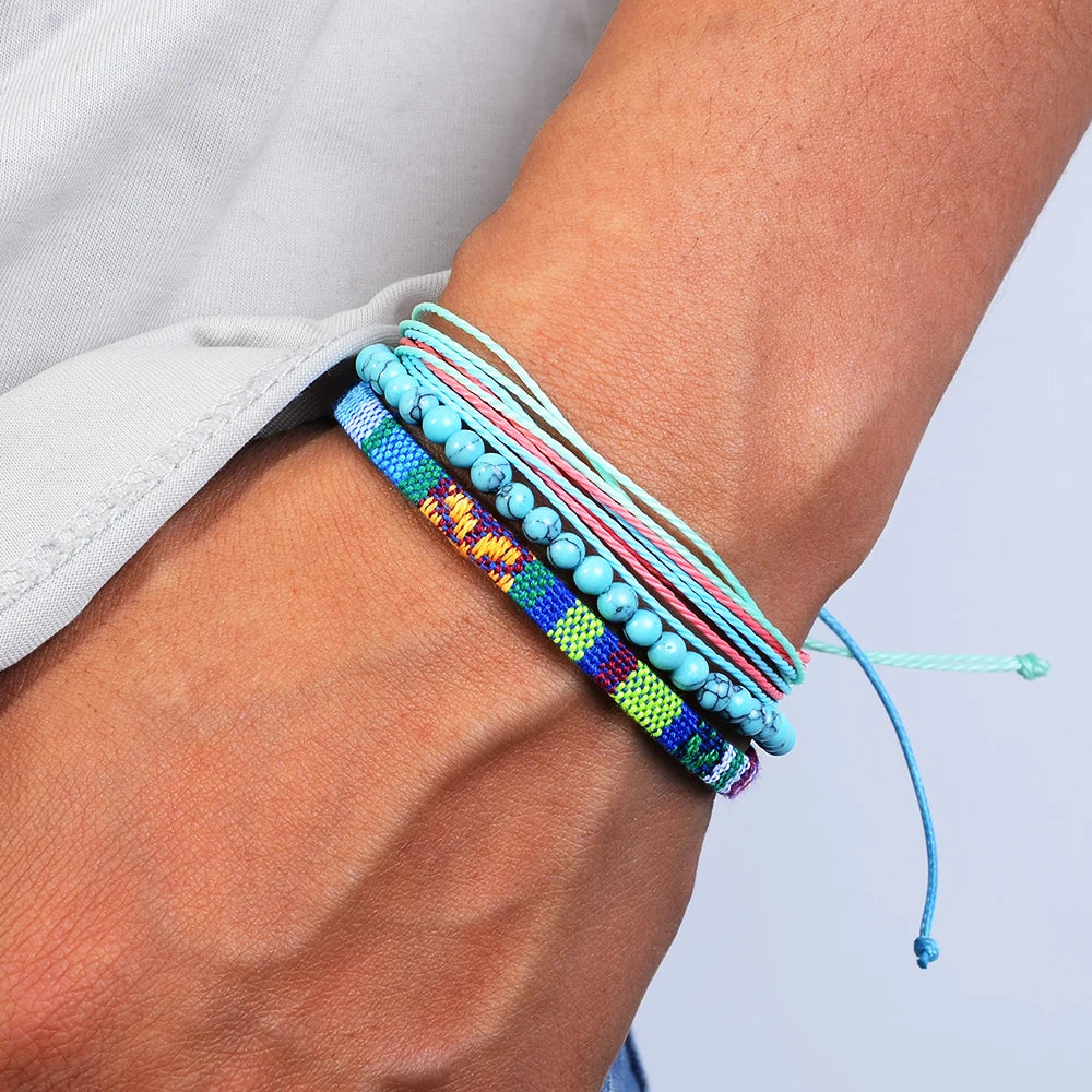 3pcs/set Men's Braided Bracelet Set, Natural Stone Couple's Bracelet, Bohemian Ethnic Cotton and Linen Hand-woven Bracelet