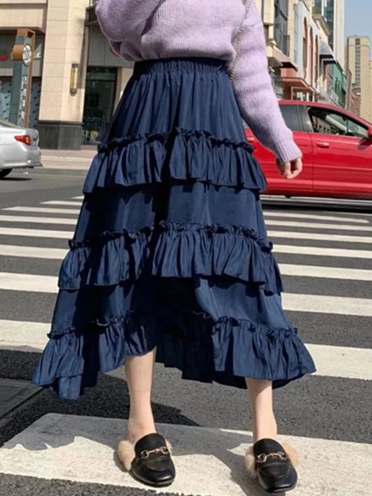 Qiukichonson Midi Long Skirts Womens Maxi Skirt Goth Lolita Summer High Waisted Asymmetrical High Low Ruched Ruffle Skirts rok