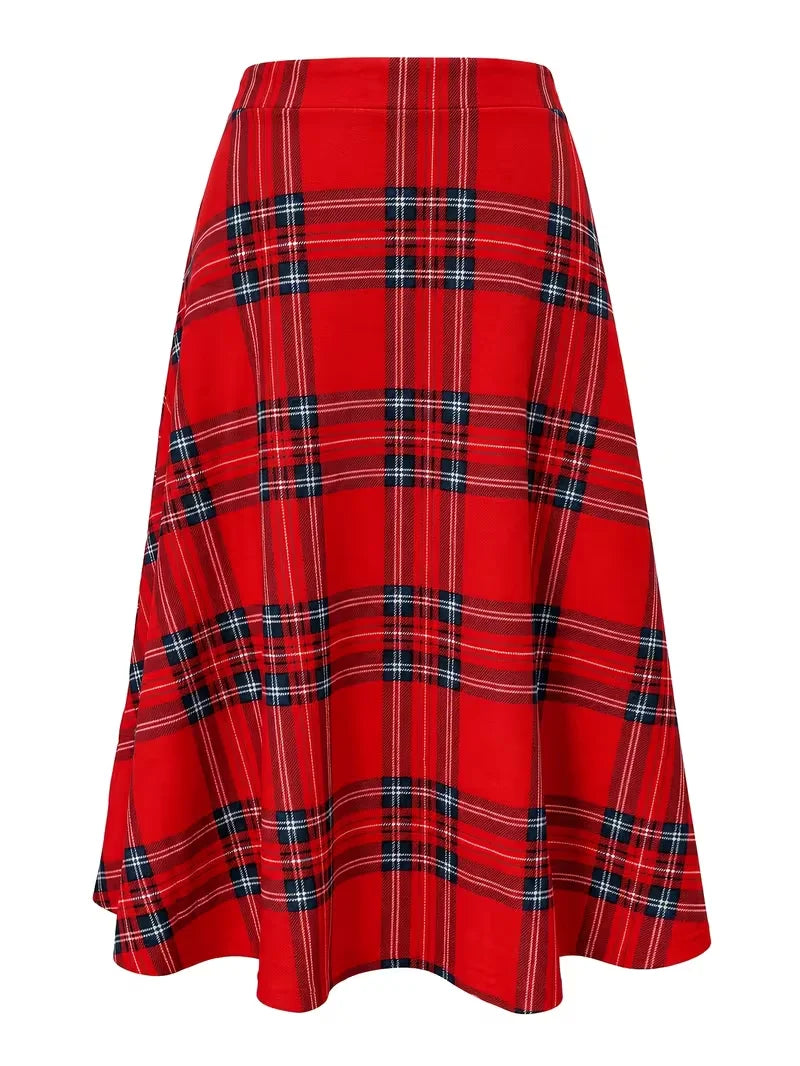 Women Vintage Plaid Skirts for Women Elastic High Waist  A Line Fall Winter Midi Knee Length Work Swing Casual Skirt