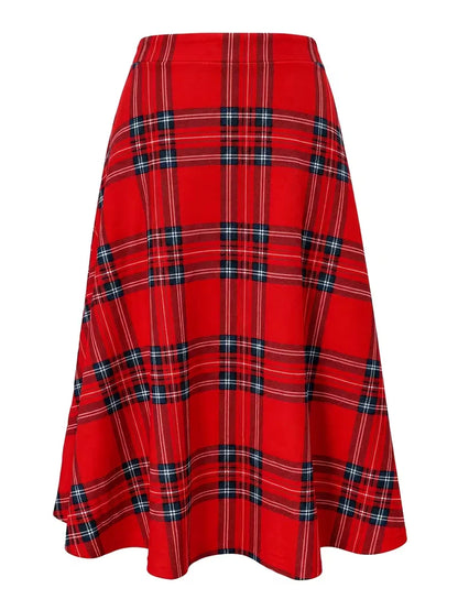 Women Vintage Plaid Skirts for Women Elastic High Waist  A Line Fall Winter Midi Knee Length Work Swing Casual Skirt