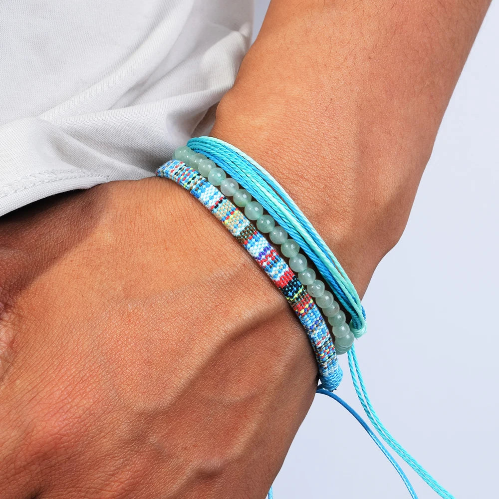 3pcs/set Men's Braided Bracelet Set, Natural Stone Couple's Bracelet, Bohemian Ethnic Cotton and Linen Hand-woven Bracelet