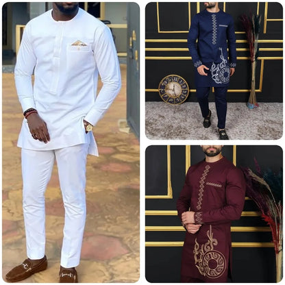 2025 African Men Dashiki Long Sleeve 2 Piece Set Traditional Outfit Africa Clothing White Men's Suit Male Shirt Pants Suits