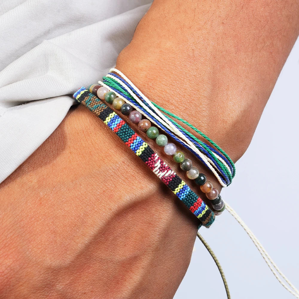 3pcs/set Men's Braided Bracelet Set, Natural Stone Couple's Bracelet, Bohemian Ethnic Cotton and Linen Hand-woven Bracelet