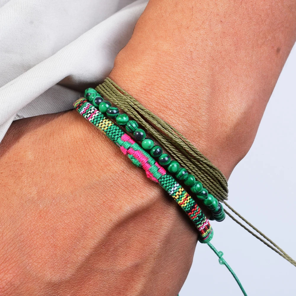 3pcs/set Men's Braided Bracelet Set, Natural Stone Couple's Bracelet, Bohemian Ethnic Cotton and Linen Hand-woven Bracelet