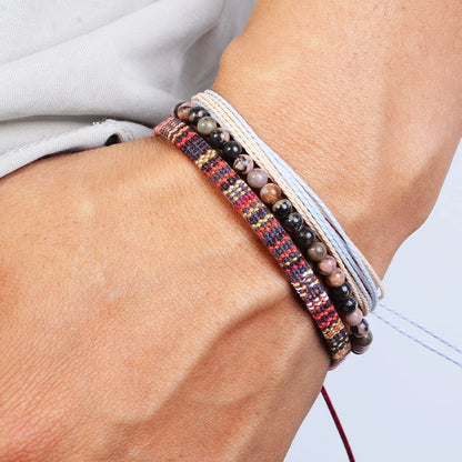 3pcs/set Men's Braided Bracelet Set, Natural Stone Couple's Bracelet, Bohemian Ethnic Cotton and Linen Hand-woven Bracelet