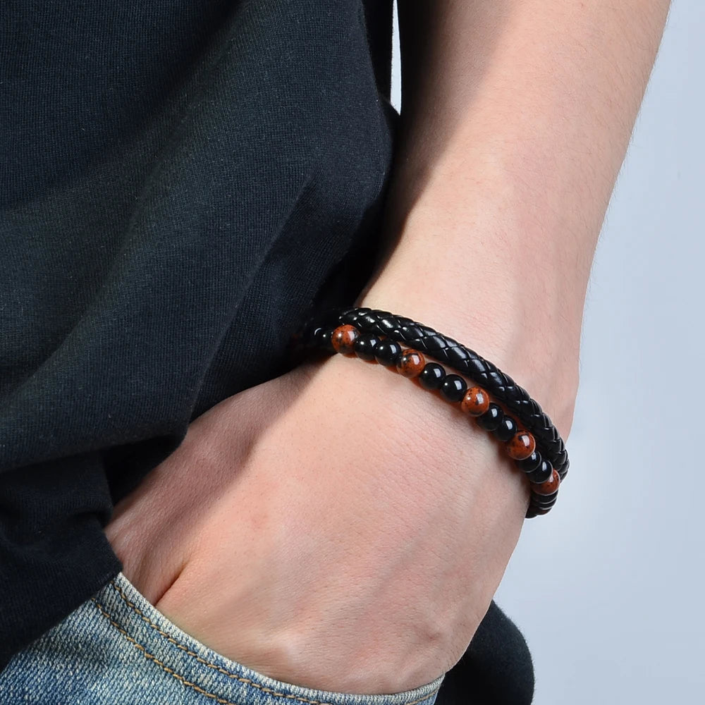 1pc Stainless Steel Bracelet Tiger Eye Stone Beads Bracelet Natural Lava Stone Beads Stainless Steel Bracelet Men Women Jewelry
