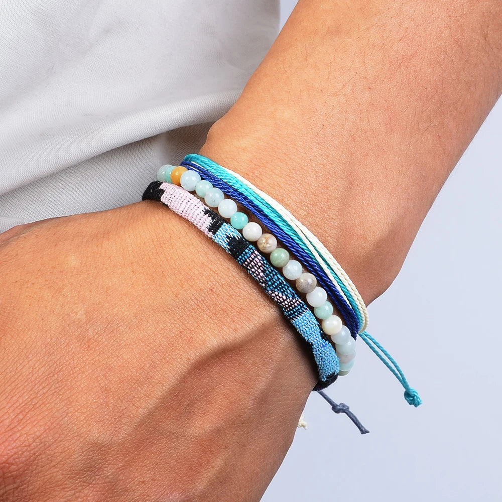 3pcs/set Men's Braided Bracelet Set, Natural Stone Couple's Bracelet, Bohemian Ethnic Cotton and Linen Hand-woven Bracelet