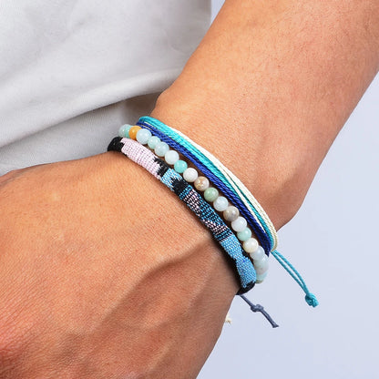 3pcs/set Men's Braided Bracelet Set, Natural Stone Couple's Bracelet, Bohemian Ethnic Cotton and Linen Hand-woven Bracelet