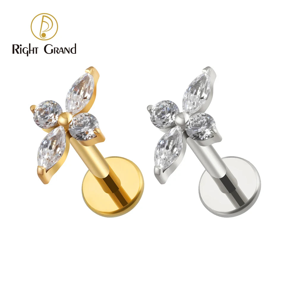 Right Grand ASTM F136 Titanium CZ Four-Point Star Flat Back Stud Earring Helix Cartilage Monroe Medusa Tragus Piercing