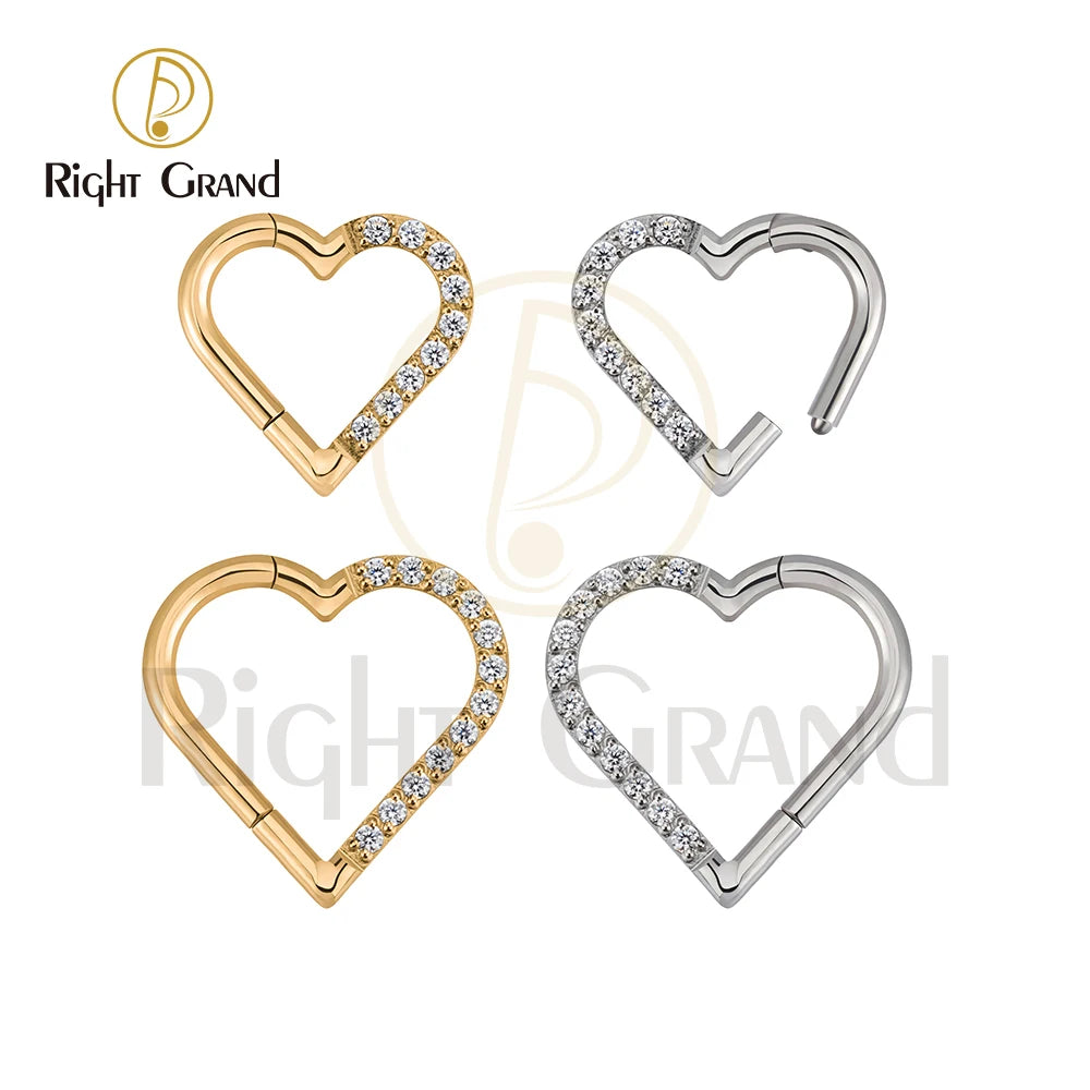 Right Grand ASTM F136 Titanium Daith Heart Earring Hoop Cartilage Tragus Helix Rings Hinged Segment Hoop with Clear CZ