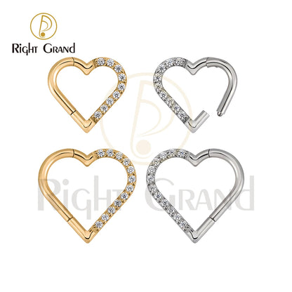 Right Grand ASTM F136 Titanium Daith Heart Earring Hoop Cartilage Tragus Helix Rings Hinged Segment Hoop with Clear CZ