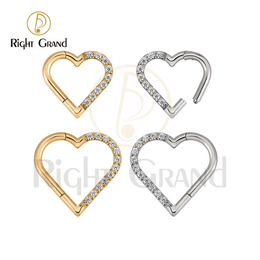 Right Grand ASTM F136 Titanium Daith Heart Earring Hoop Cartilage Tragus Helix Rings Hinged Segment Hoop with Clear CZ