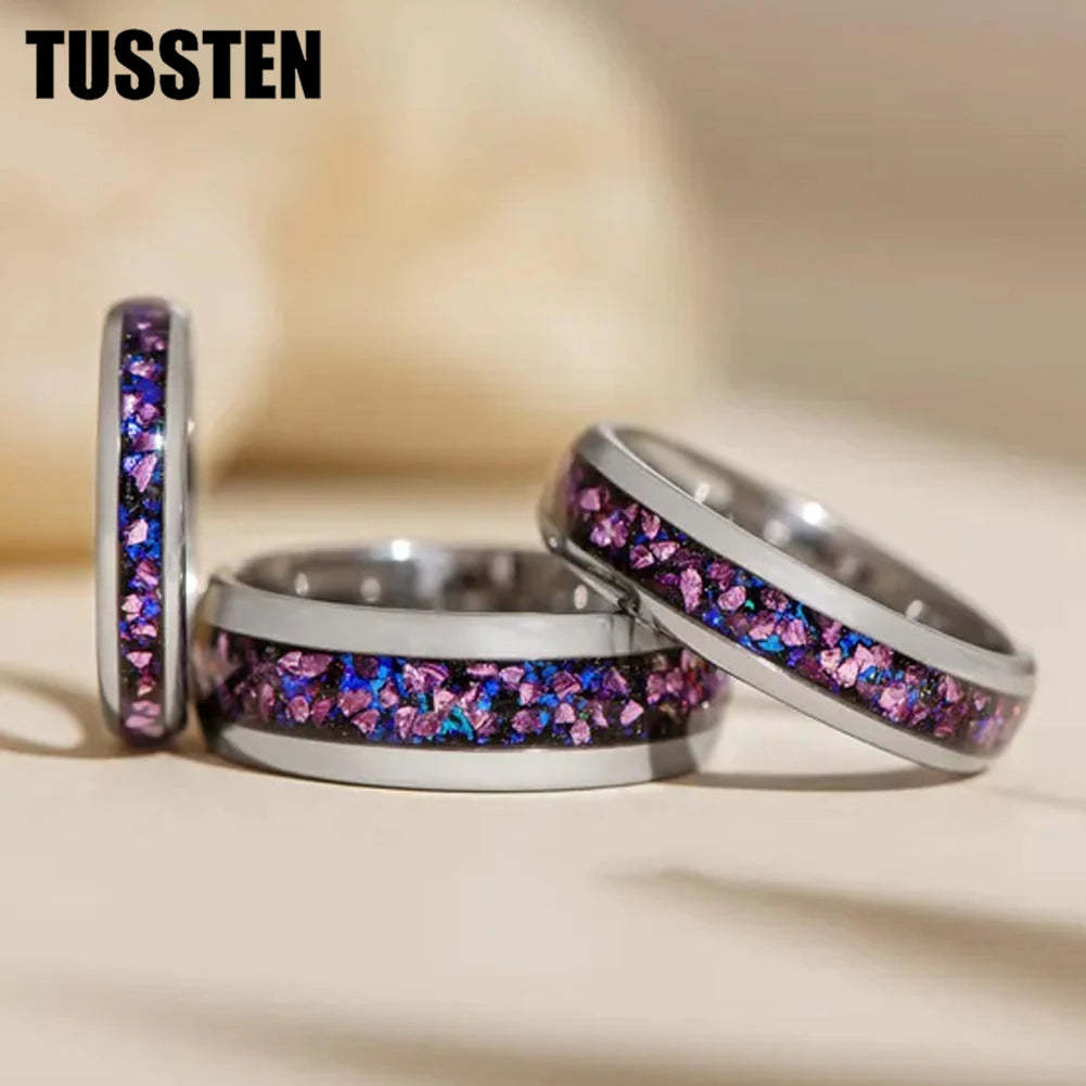 TUSSTEN 4/6/8MM Men's and Women's Wedding Tungsten Ring Galaxy Orion Nebula And Purple Crystal Stone Inlaid Comfortable Fit