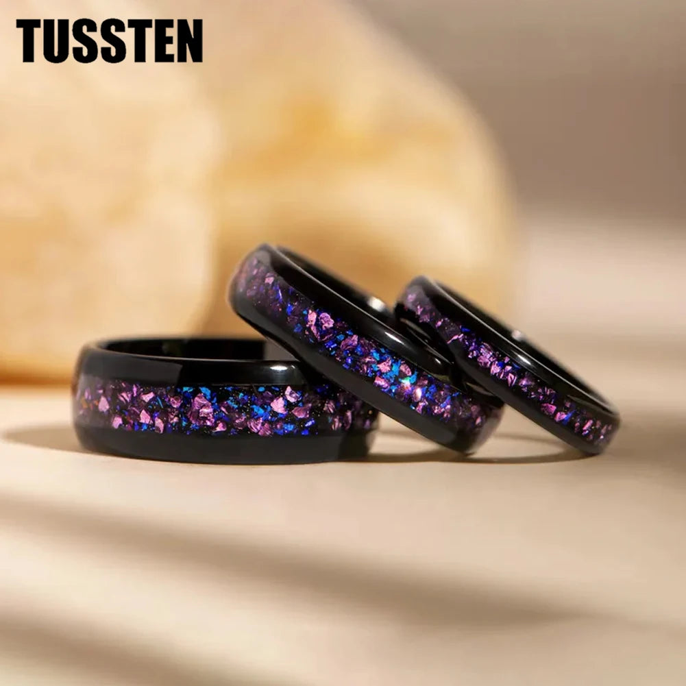 TUSSTEN 4/6/8MM Men's and Women's Wedding Tungsten Ring Galaxy Orion Nebula And Purple Crystal Stone Inlaid Comfortable Fit