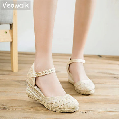 Veowalk Patchwork Handmade Women Plain Linen Sandals Wedge Espadrilles 6cm Platforms Bohemian Shoes Women Ladies Summer Pumps