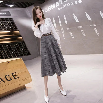 Autumn Winter Warm Vintage Plaid Midi Skirt Women Korean High-Waisted A-Line Skirt Temperament Umbrella Long Skirt With Belt