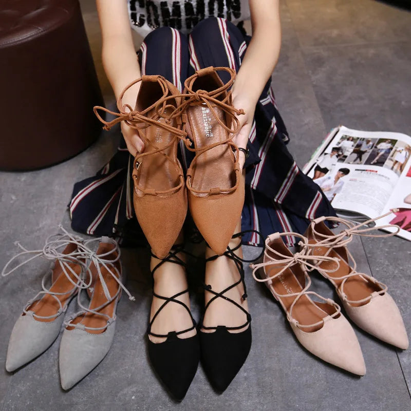 sexy cross-tied gladiator summer shoes woman pointe toe cut out flat lace up ballet flats Roman style D'orsay shoes big size 43
