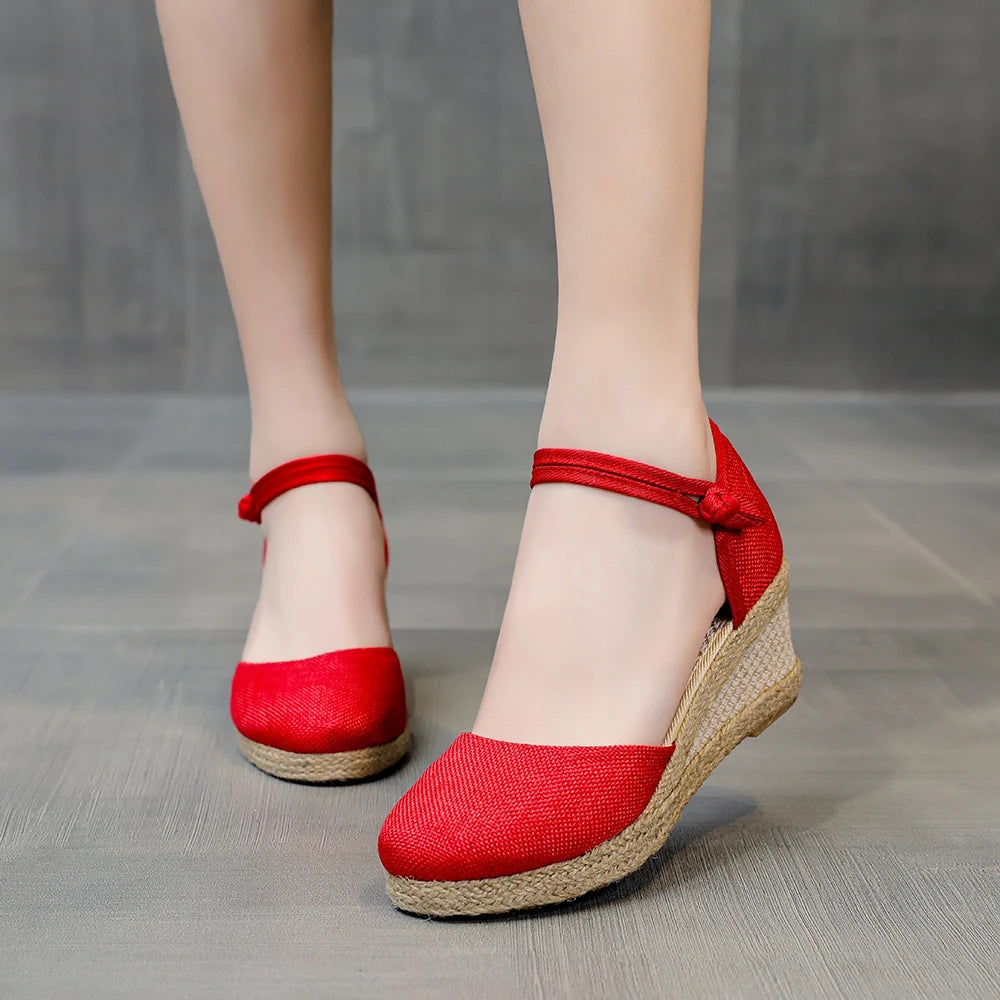 Veowalk Summer Women Linen Plain 6cm Wedge Sandals Bohemian Handmade Ladies Casual Comfortable Espadrilles Platform Pumps Shoes