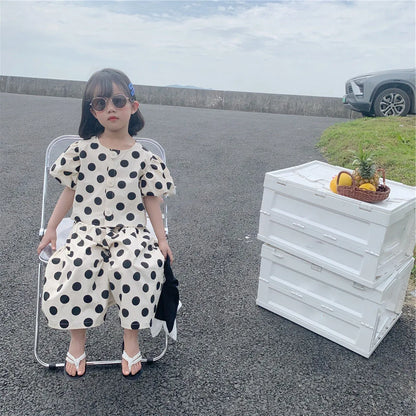 Summer Girls' Clothing Sets Fashion Single-breasted Polka Dot Girls' Shirt Top+Culottes Baby Kids Clothes Suit Children Clothing