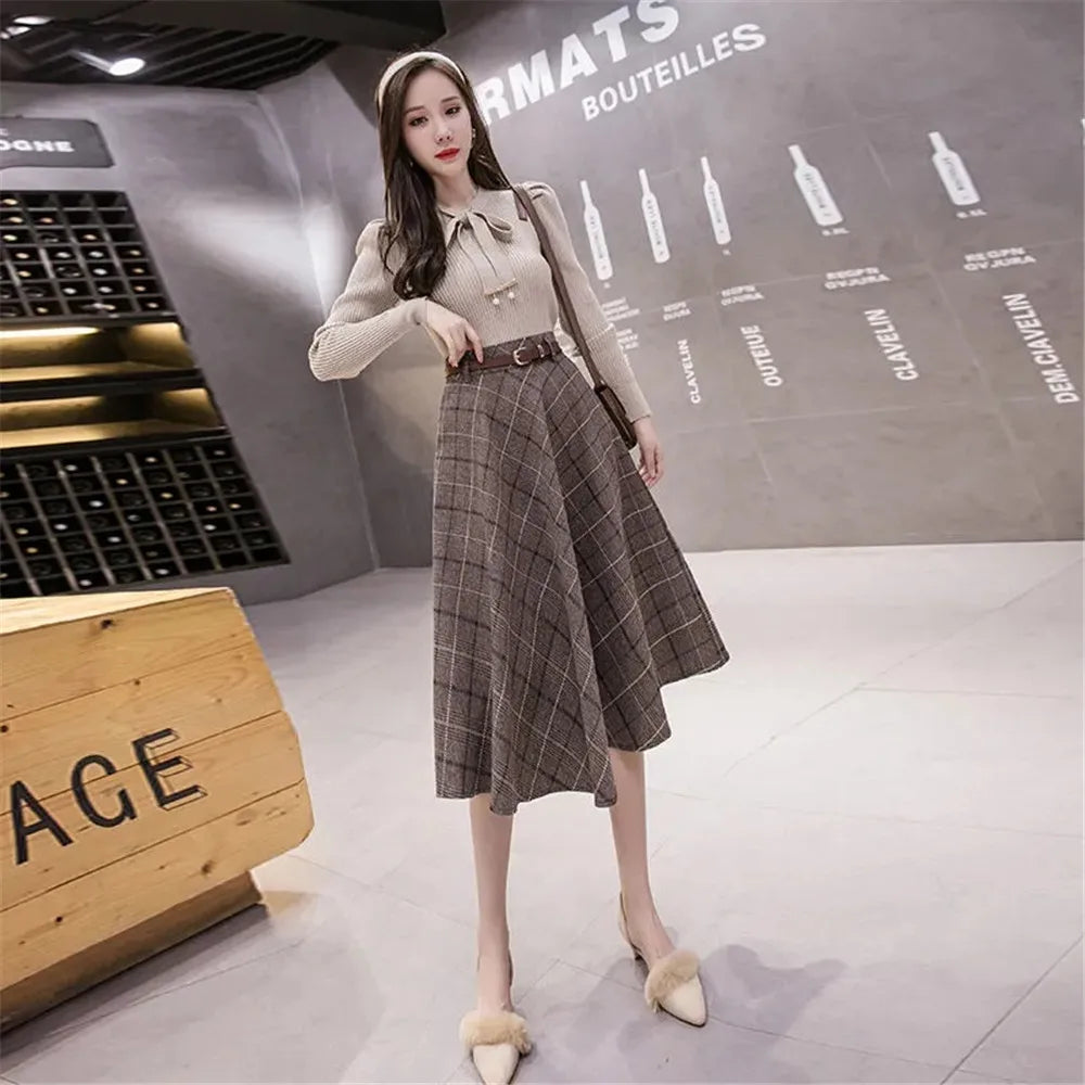 Autumn Winter Warm Vintage Plaid Midi Skirt Women Korean High-Waisted A-Line Skirt Temperament Umbrella Long Skirt With Belt