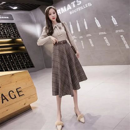 Autumn Winter Warm Vintage Plaid Midi Skirt Women Korean High-Waisted A-Line Skirt Temperament Umbrella Long Skirt With Belt