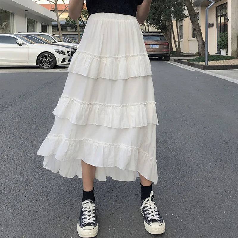 Qiukichonson Midi Long Skirts Womens Maxi Skirt Goth Lolita Summer High Waisted Asymmetrical High Low Ruched Ruffle Skirts rok