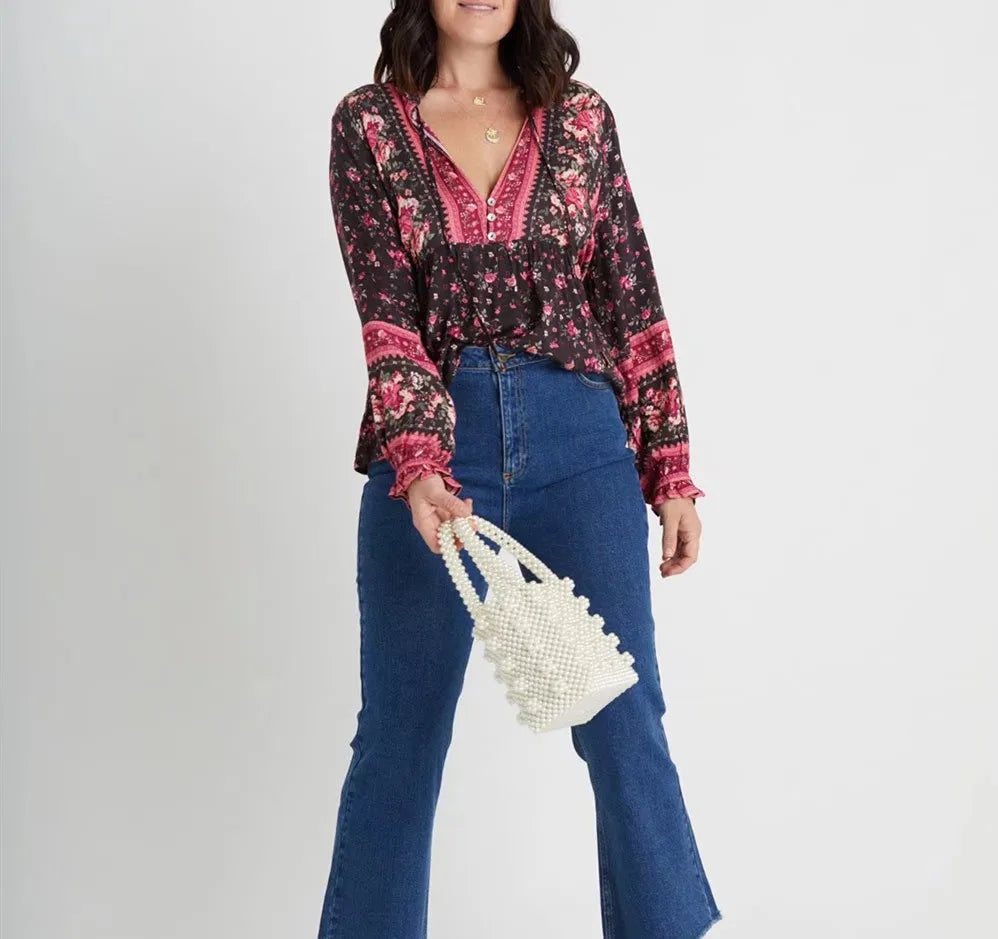 Bohemia Bandage Open Buttons V Neck Floral Print Shirt Holiday Women Contrast Color Long Sleeve Blouse Tops Beach